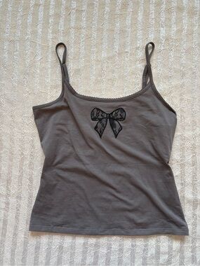 Lucky 777 Women's Gray Dainty Camisole Tank Top with Bow Detail 99% Cotton - L